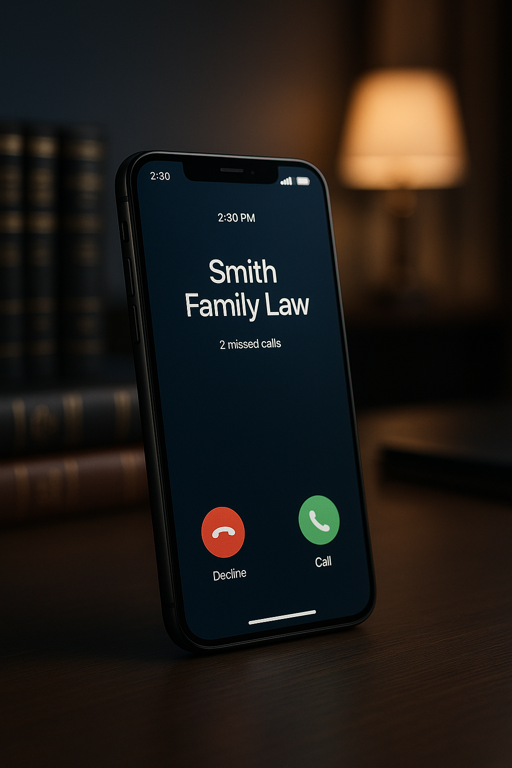 iPhone showing Smith Family Law with 2 missed calls notification, illustrating the problem of missed client calls while in court